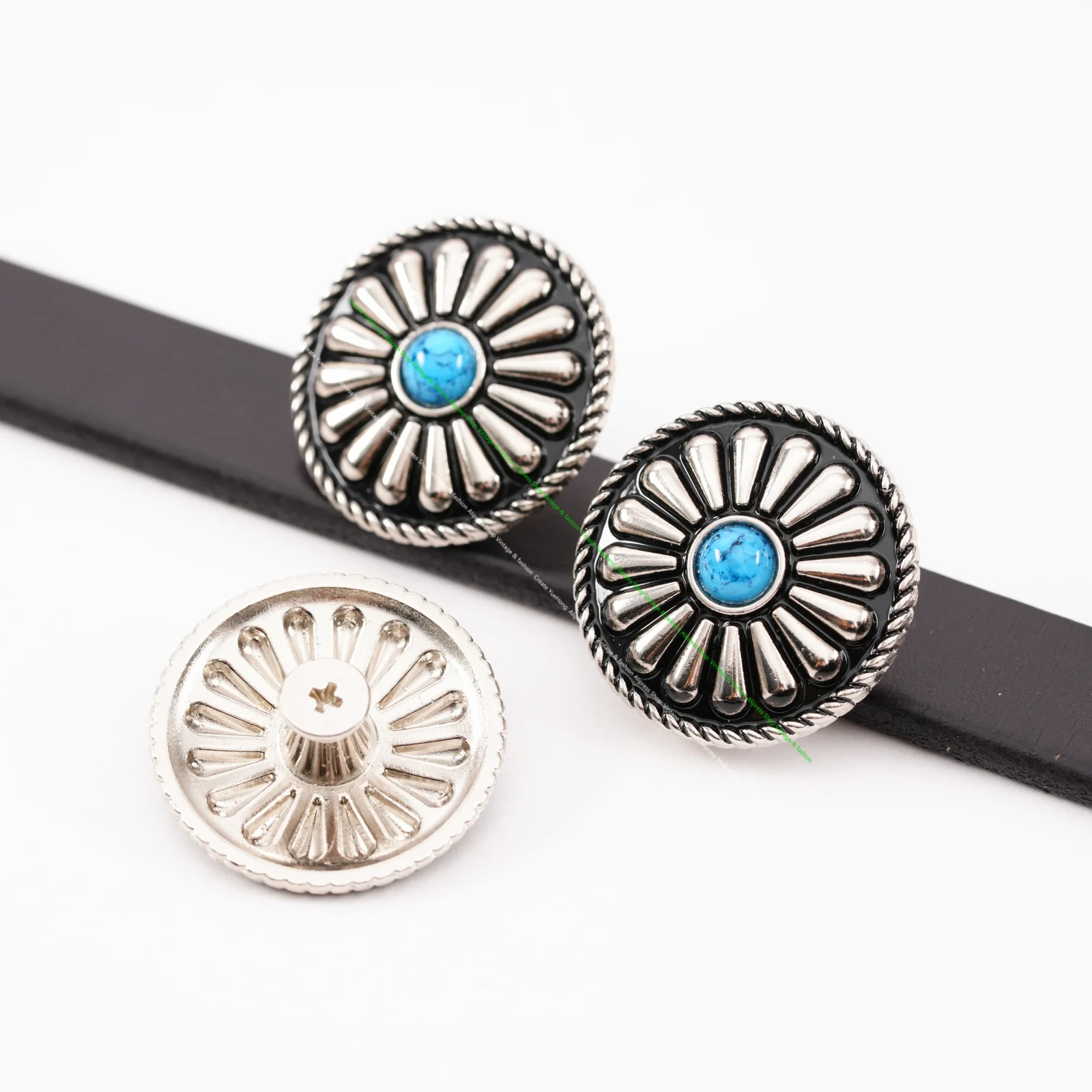 10pc Tribal BlueTurquoise Black Silver Bohemian Flower Leathercraft Saddle Conchos