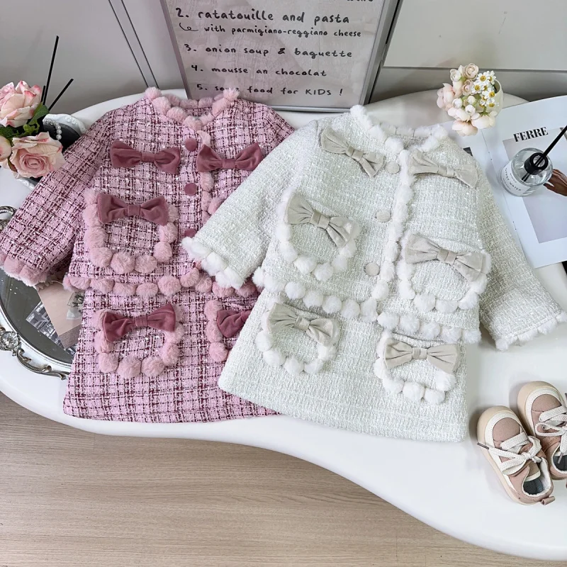 

New Winter Girls' Trendy Set with Bowknot Padded Jacket and Vest Dress Two-Piece Set