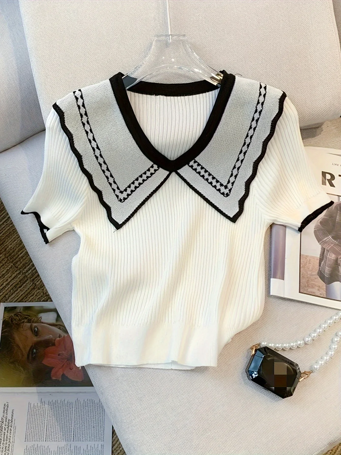 2024 New Summer Thin Colorblock Doll Collar Knitted Pullover Casual Short Sleeve Fitted Top Women\'s Clothing Crop Top