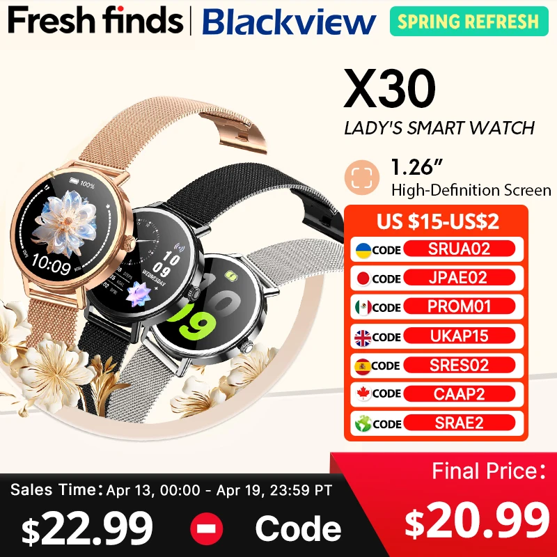 

【Мировая премьера】Умные часы Blackview X30, дисплей 1,26 дюйма, женские умные часы Al, голосовой помощник, мониторинг здоровья, Bluetooth-вызов