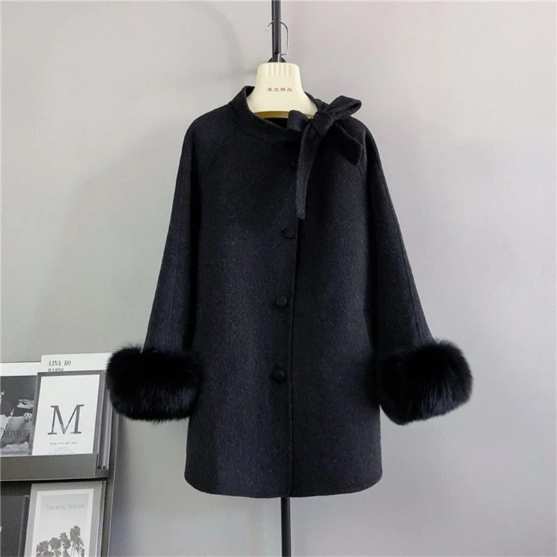 PT444 Pure Wool Double-faced Tweed Cashmere Coat Lady Natural Fox Hair Removable Cuff Winter Jacket Parka