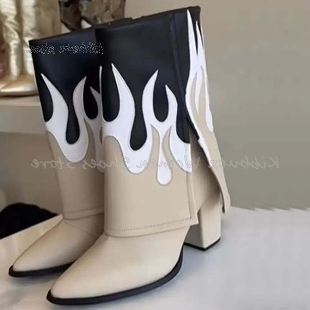 

Flames Cowboy Boots Mid Calf Turned-Over Edge Mixed Color Slip-On Fashion Sexy Shoes Pointed Toe Square Heel Genuine Leather New