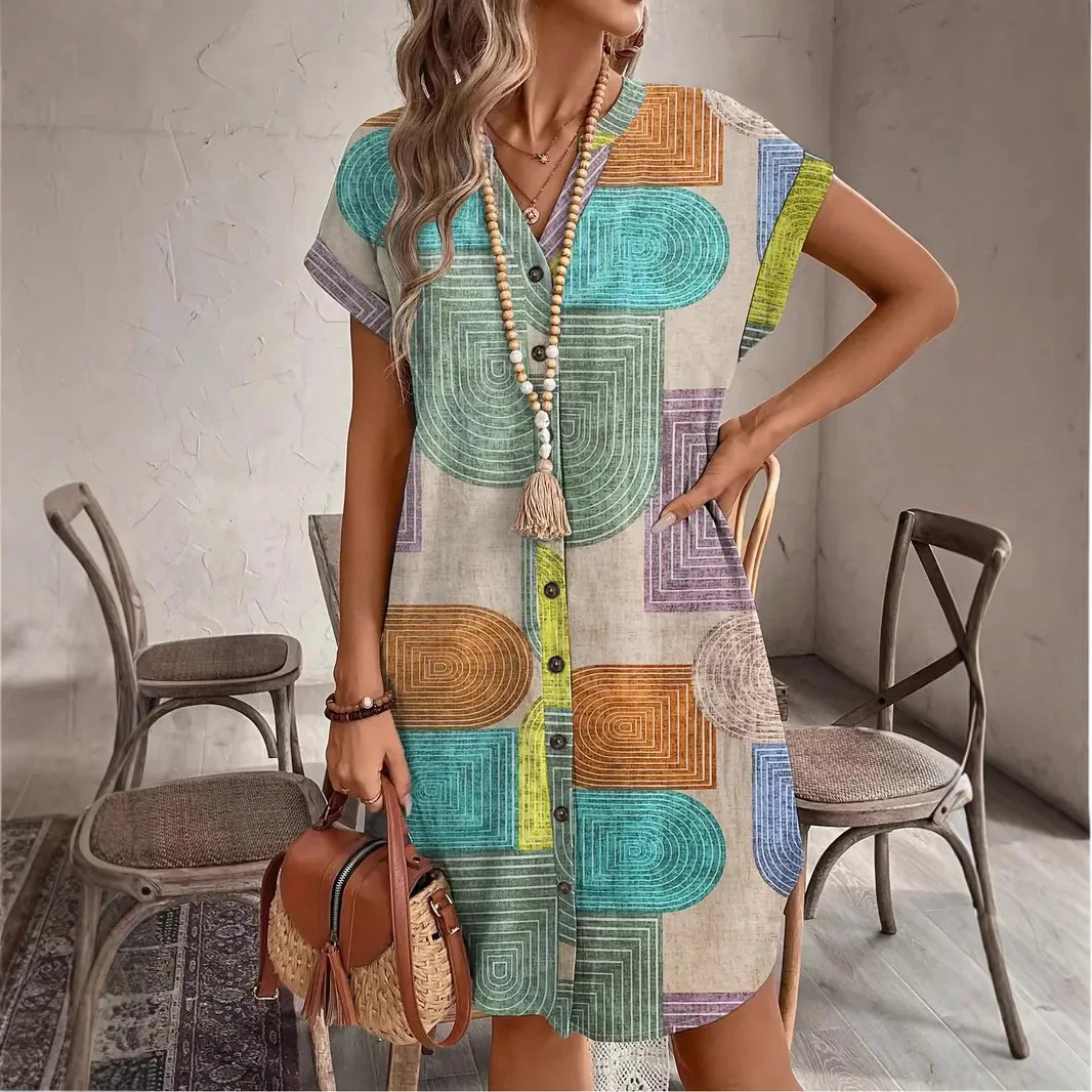 

Women's Vintage Geometric Printing Dress Summer New Elegant V-Neck Button-Up Dress Fashion Commuting Color Block Female Vestidos