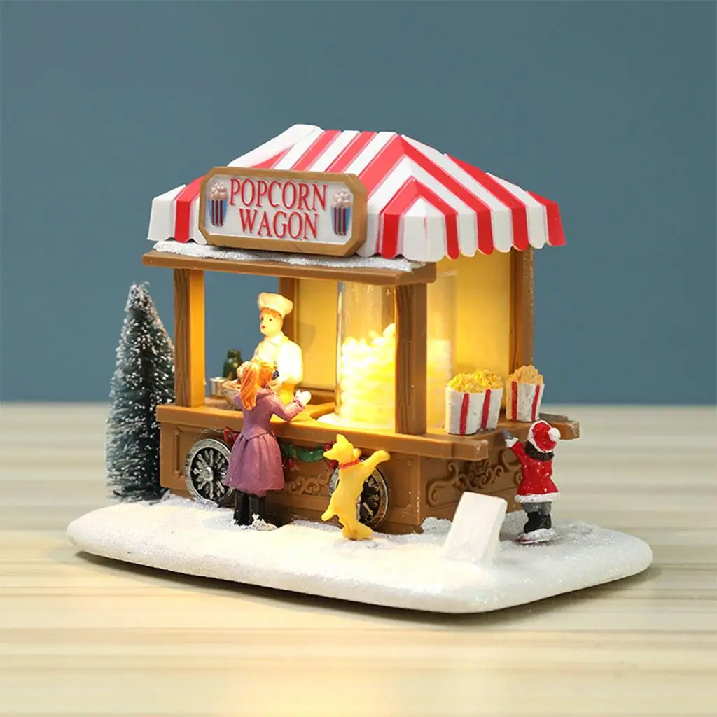 Résine noël neige LED Miniature pop-corn Wagon Village maison de poupée Figurine ensemble de construction fée jardin vacances décoration