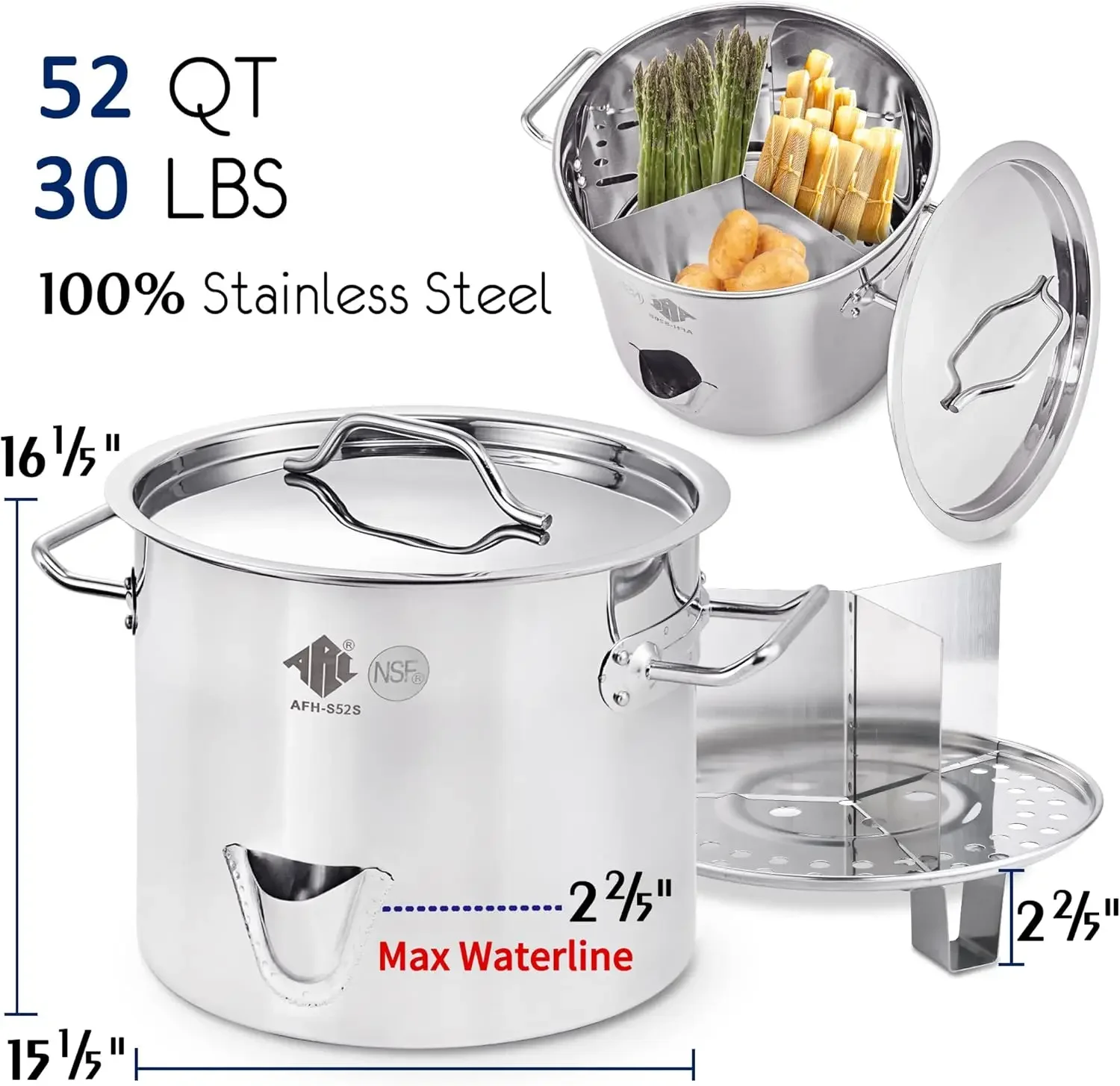 52-Quart Stainless Steel Tamale Steamer Pot w/Easy-fill Water Spout, Seafood Crab Steamer with Divider and Steamer Rack