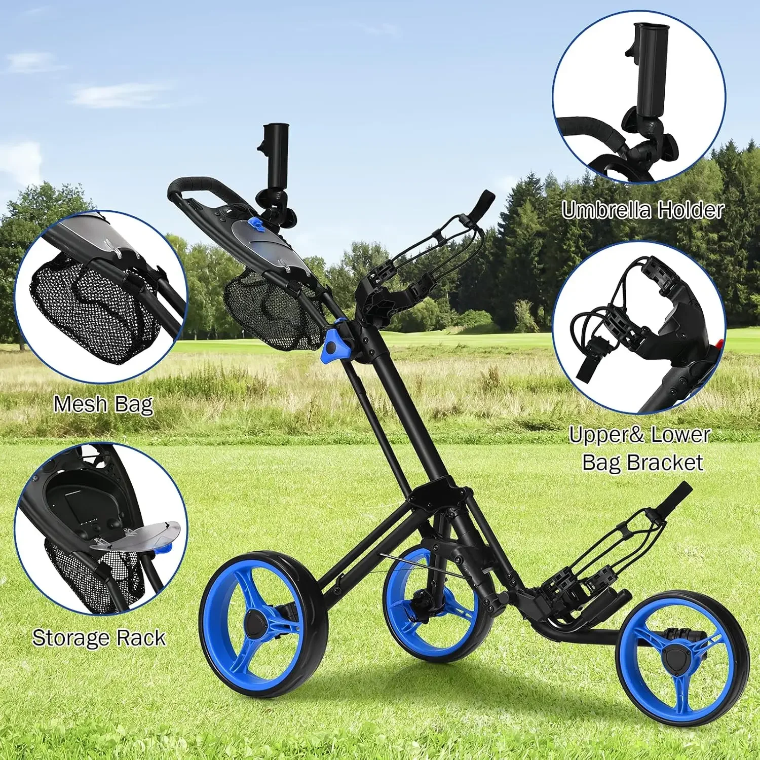 Folding Golf Push Cart, 3 Wheel Height Adjustable Lightweight Golf Push Trolley W/Umbrella Holder & Mesh Bag, Quick Open F