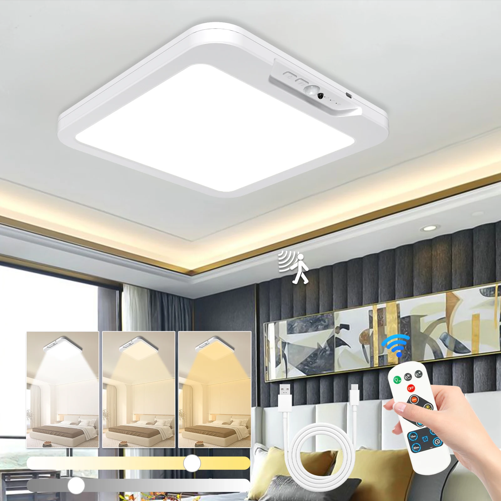 

Modern Motion Sensor LED Ceiling Light - Cordless, Rechargeable Battery-Operated with Magnetic Mount, 3 Color Temperatures
