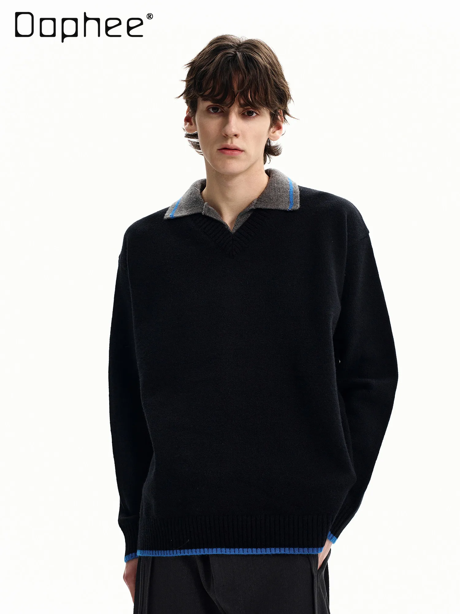 

Новинка 2026 года: Мужской свободный повседневный вязаный свитер в американском ретро-стиле с отложным воротником, черный, весна-осень