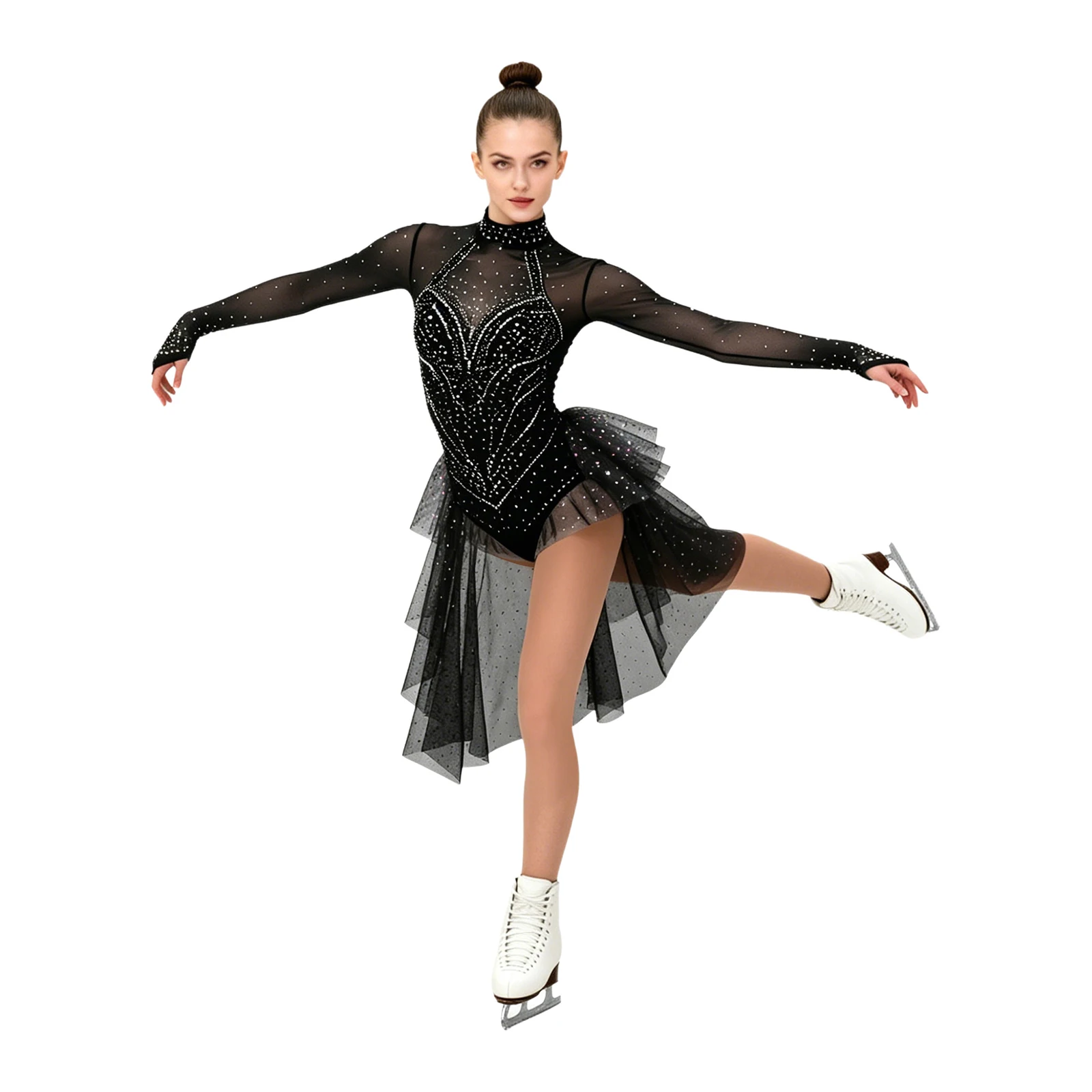 Damen Eiskunstlauf-Bodysuit mit Langen Ärmeln, Strass-Verzierung, Stufenförmigem Rüschen-Tüllrock, Leotard-Jumpsuit für Ballett-Wettbewerbe und Tanzbekleidung – Detail 8