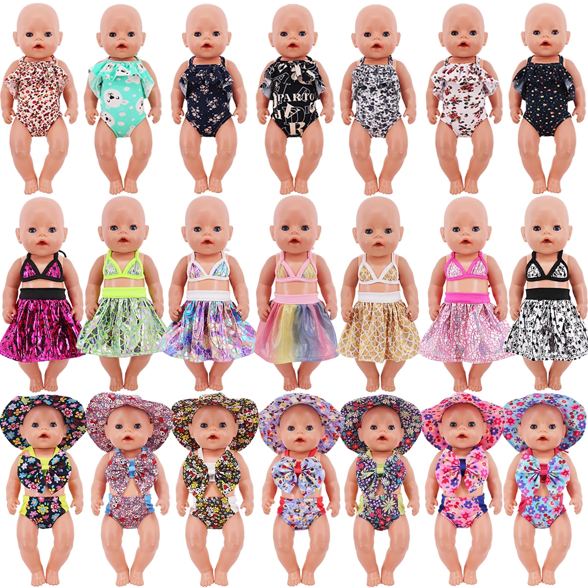 Clothes For 43Cm Reborn Baby&18Inch American Doll Printing Swimwear+Cap,Sling Swimsuit And Skirt Doll Accessoires Pop Girl Toys