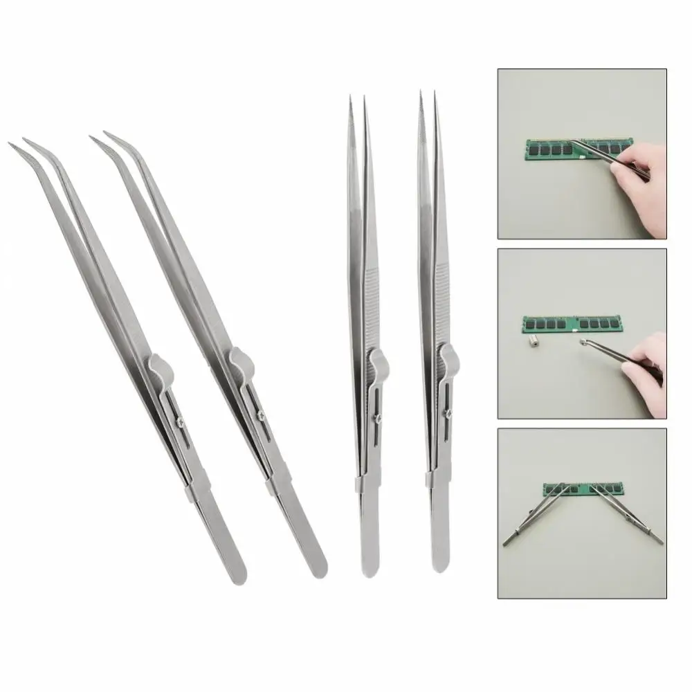 

4pcs Round Tip Self Locking Tweezer Pick-up Tool with 2pcs Point Tip Straight Tweezer, 2pcs Locking Curved Tip Precision Tweezer