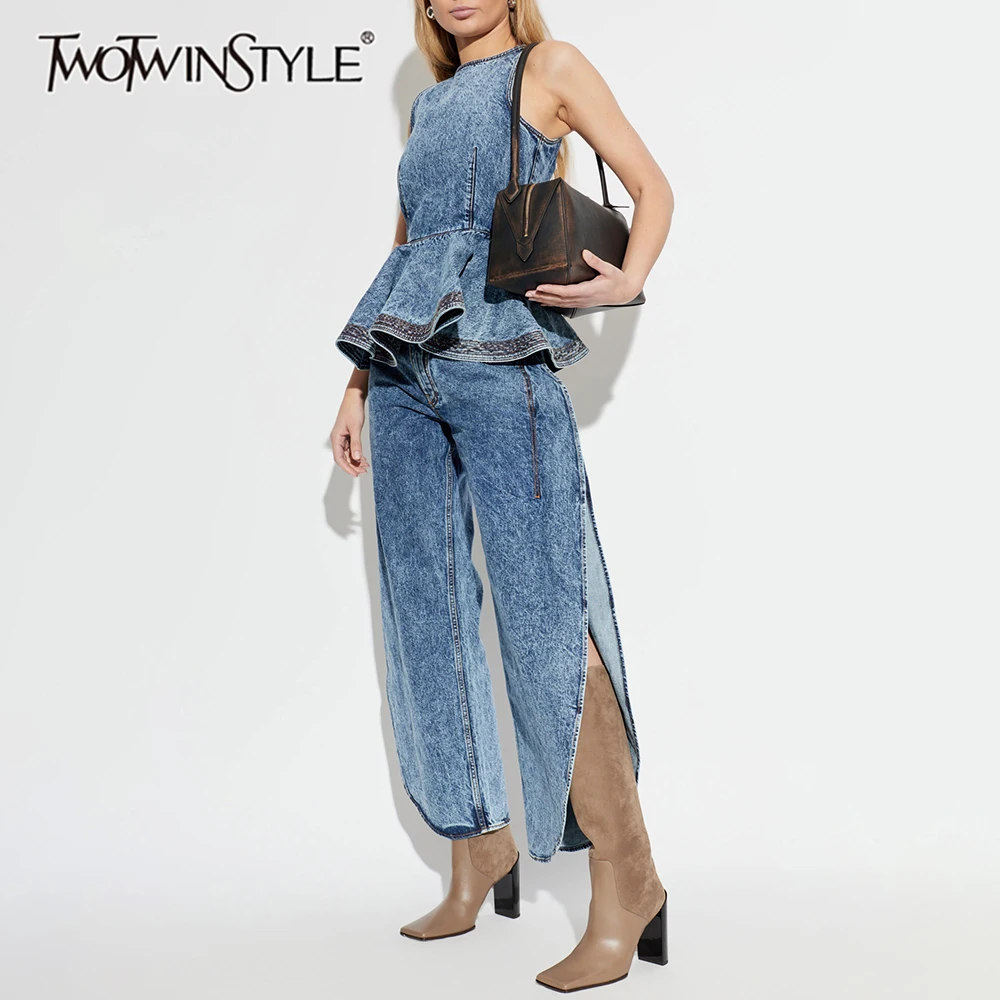 

TWOTWINSTYLE Casual Vacation Blue Denim Ruffle Set for Women Sleeveless Peplum Top Side Slit Wide Leg Pants for Daily Outings