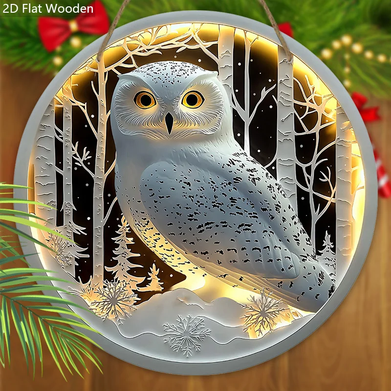 2D Flat Unique Owl Wooden Sign - 1pc Luminous Effect Round Sign for Front Door Wall Hanging Decor Ideal Home Hanging Ornament -