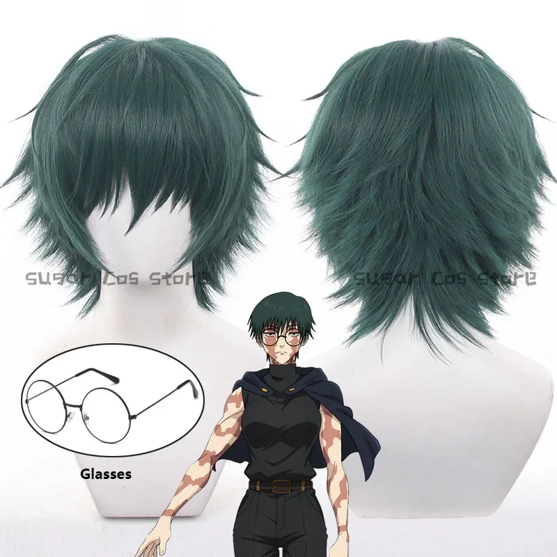 Peluca de cosplay de anime Maki Zenin, pelo corto verde, gafas, Shimetsu Kaiyuu, accesorios para fiesta de disfraces de Halloween y Navidad para mujeres y niñas