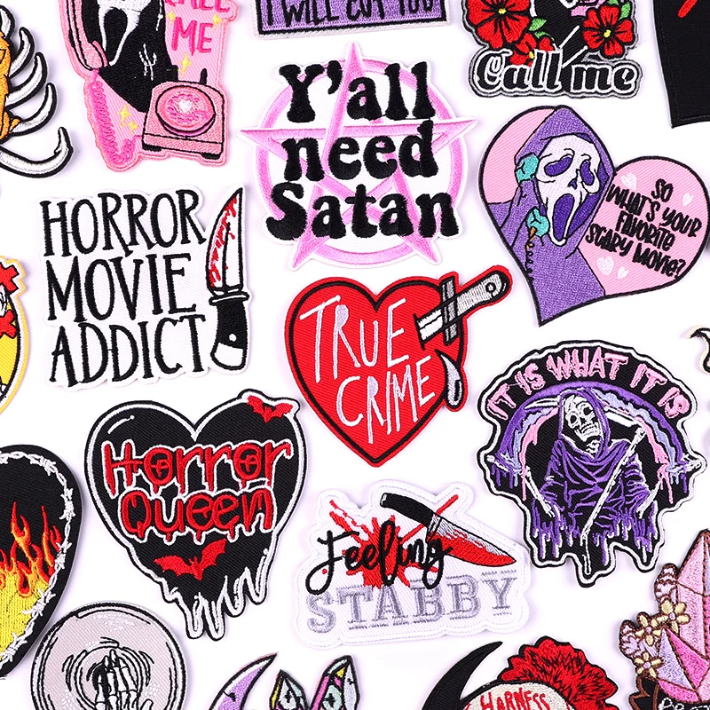 Horror Movie Embroidry Patch Punk Letter Patch Iron On Patches On Clothing Skull Ghost Embroidered Patches On Clothes Jacket DIY