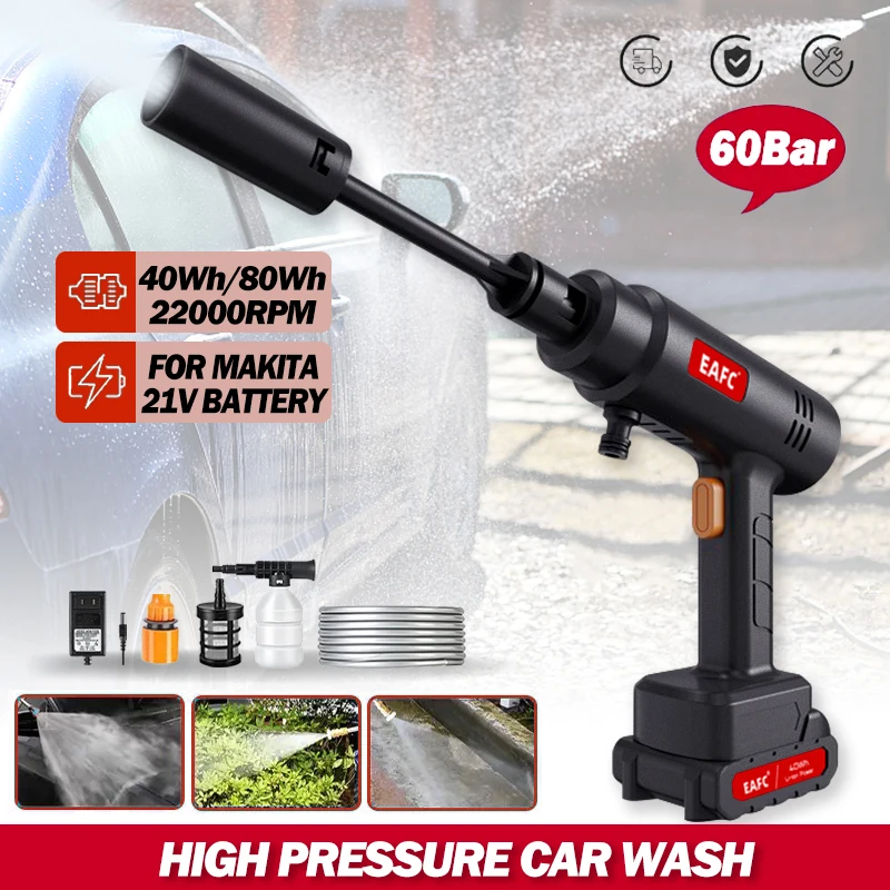 500W 60bar Wireless High Pressure Car Washer Water Gun Sprayer Car Wash Gun Foam Generator Portable Cleaner Car Washing Machine