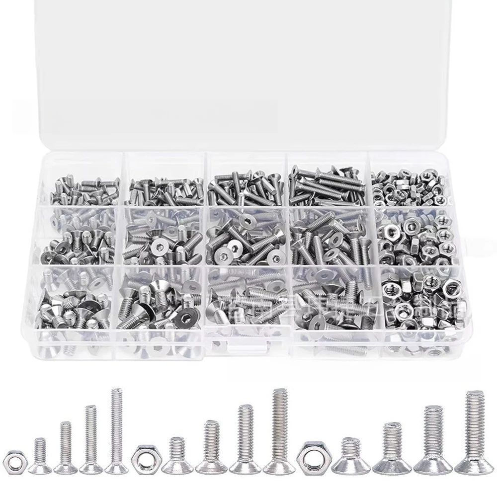 500Pcs Boxed 304 Stainless Steel Countersunk Hex Screws with Nuts M3-M5 Assortment