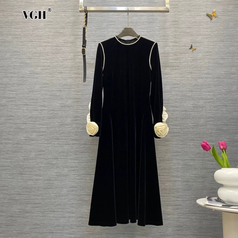 

VGH Black Velvet Dresses For Women O Neck Diamond Decoration Petal Sleeve High Waist Spliced Zipper Elegant Pleated Dress Female