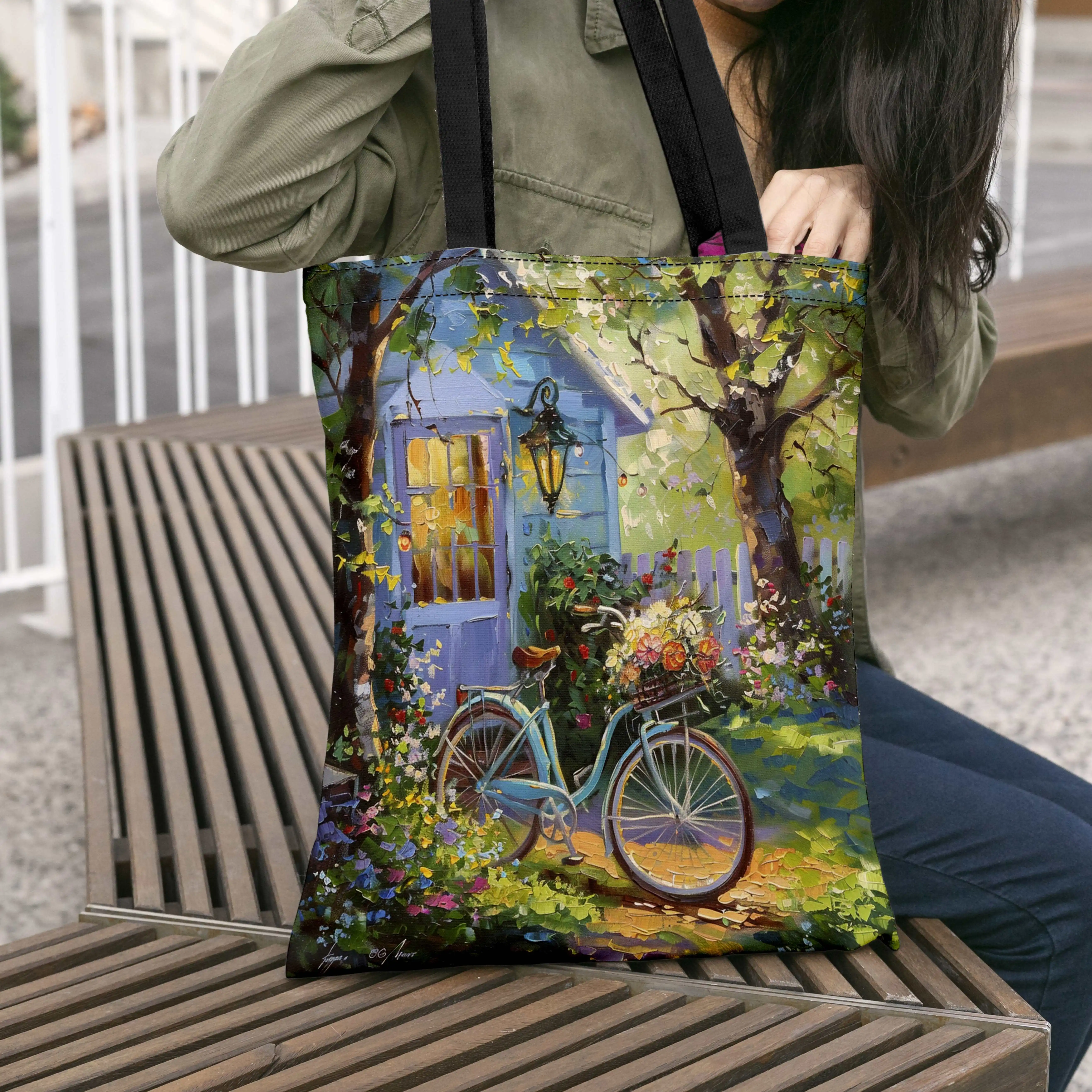 Charming Countryside Bicycle Print Handbag Spacious and Stylish with Rustic Village Scenes, Perfect for Shopping or Everyday Use
