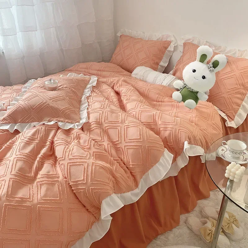 Korean Lovely Princess Ruffles Queen Duvet Cover Set Cut Flowers with Ruffles Pink Bedding Set Quilt Cover Bed Skirt Pillowcases