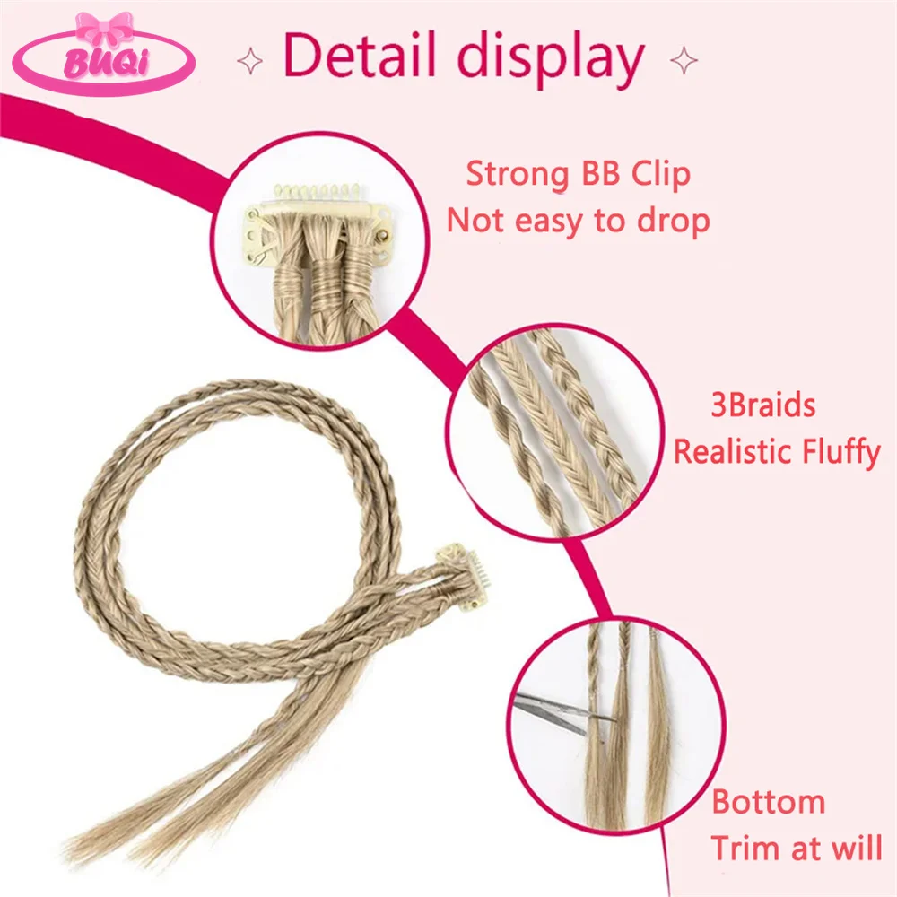 BUQI 1 PCS Front Braids Clip With 3 Braids Temperament Braiding Braided Hair Natural Soft Synthetic Hairpieces for Girls