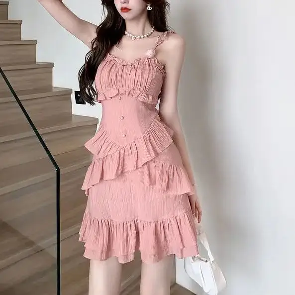 

Dress Lace Up Asymmetrical Sleeveless Ruffle Fashion Birthday Dress Women Pink A-Line Dress Temperament Sweet Streetwear