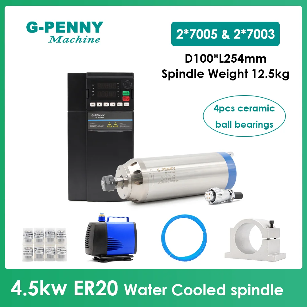 G‑Penny 4.5KW ER20 Bullet Type Water Cooled CNC Spindle 4 Ceramic Ball Bearings 100mm &  Inverter,Bracket,Water Pump Router