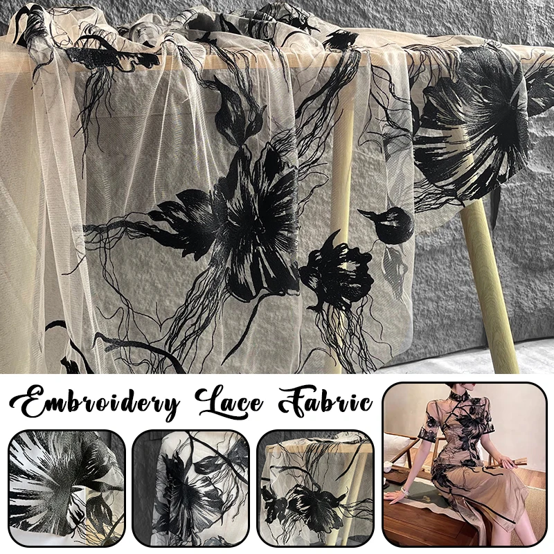

Ткань из кружева и тюля с вышивкой в виде цветов, 50x145 см, для шитья в китайском стиле: платья, чонсам, ханьфу, сценические костюмы
