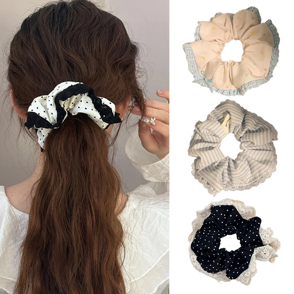 High Elastic Large Intestine Hair Ring Floral Printed Hair Scrunchies Dot  Striped Flower Hair Rope Ponytail Holder Rubber Band