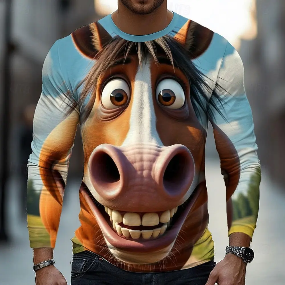 2025 Fall Winter 3D Funny Animal Printed Men's Crew Neck Long Sleeve T-Shirts For Mens Streetwear Casual Tops Funny Apparel