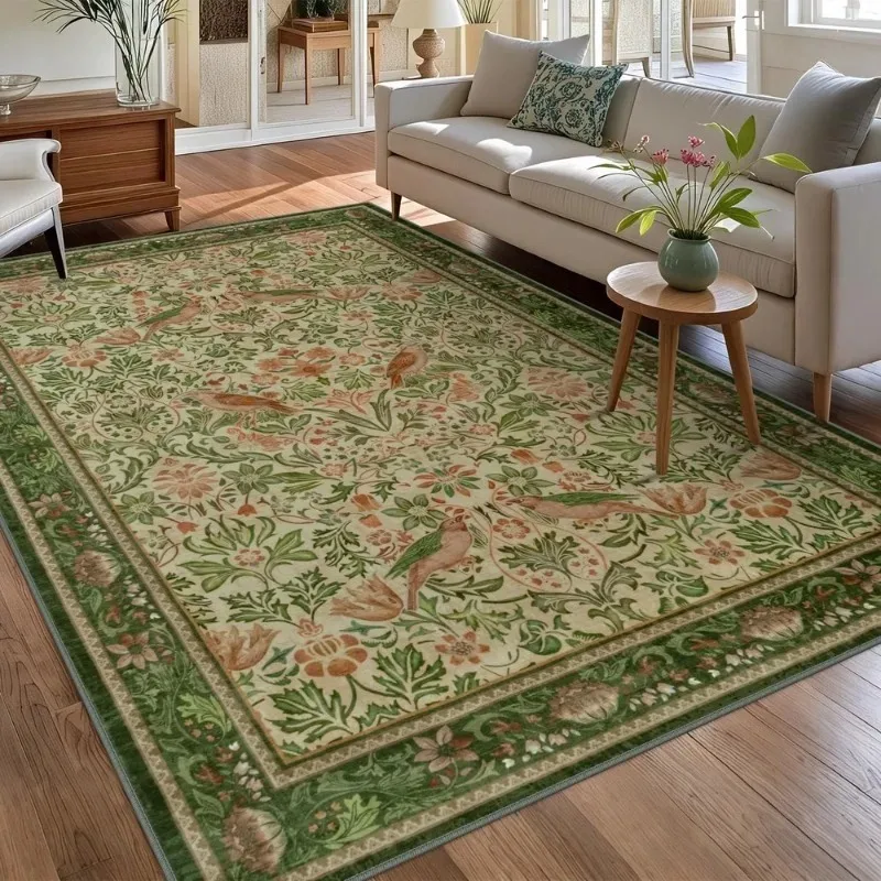 Tapis floral vintage imprimé effet vieilli, lavable et antidérapant, pour salon, chambre à coucher, salle à manger, style rétro européen, luxe léger, vert