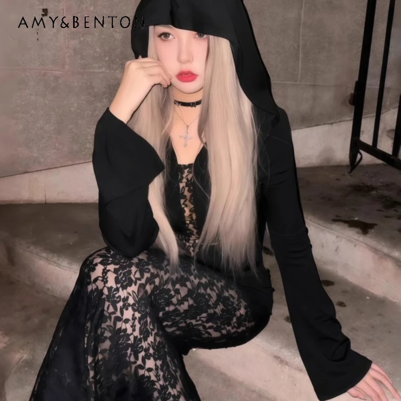 

Halloween Women's Clothing Original Design Gothic Dark Black Sweet Cool Sexy Lace Hollow Out Tight-fitting Hooded Dresses Ladies