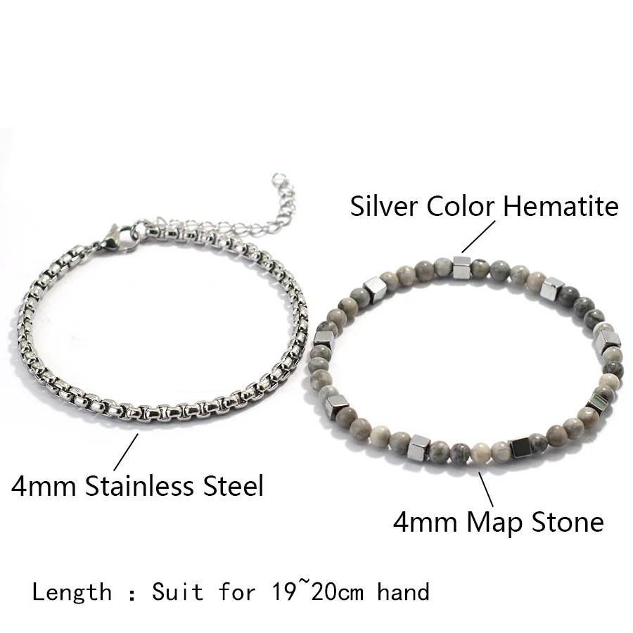 Stilvolles 2-teiliges Herren-Armband-Set, 4 mm, Edelstahl, kubanisches Kettenarmband, quadratisches Hämatit-Stein, Heilarmband, Fahrradzubehör – Detail 6