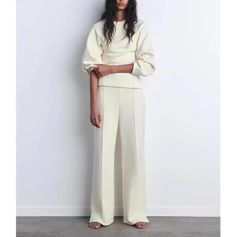 Comfortable Double-Sided Fabric round Neck Sweatshirt And Slim Fit Casual Long Pants Two-Piece Set for Women Ages 25-35
