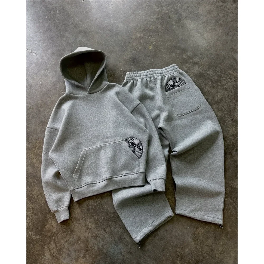 

American Street Style Personality Cd Pattern Printed Pocket Design Sweatshirt And Sweatpants Wholesale Set Hoodie Y2k Trend
