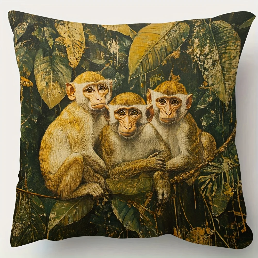 Lush Jungle Monkey Family Throw Pillow Case Botanical Animal Print Sofa Cushion Cover Home Decor