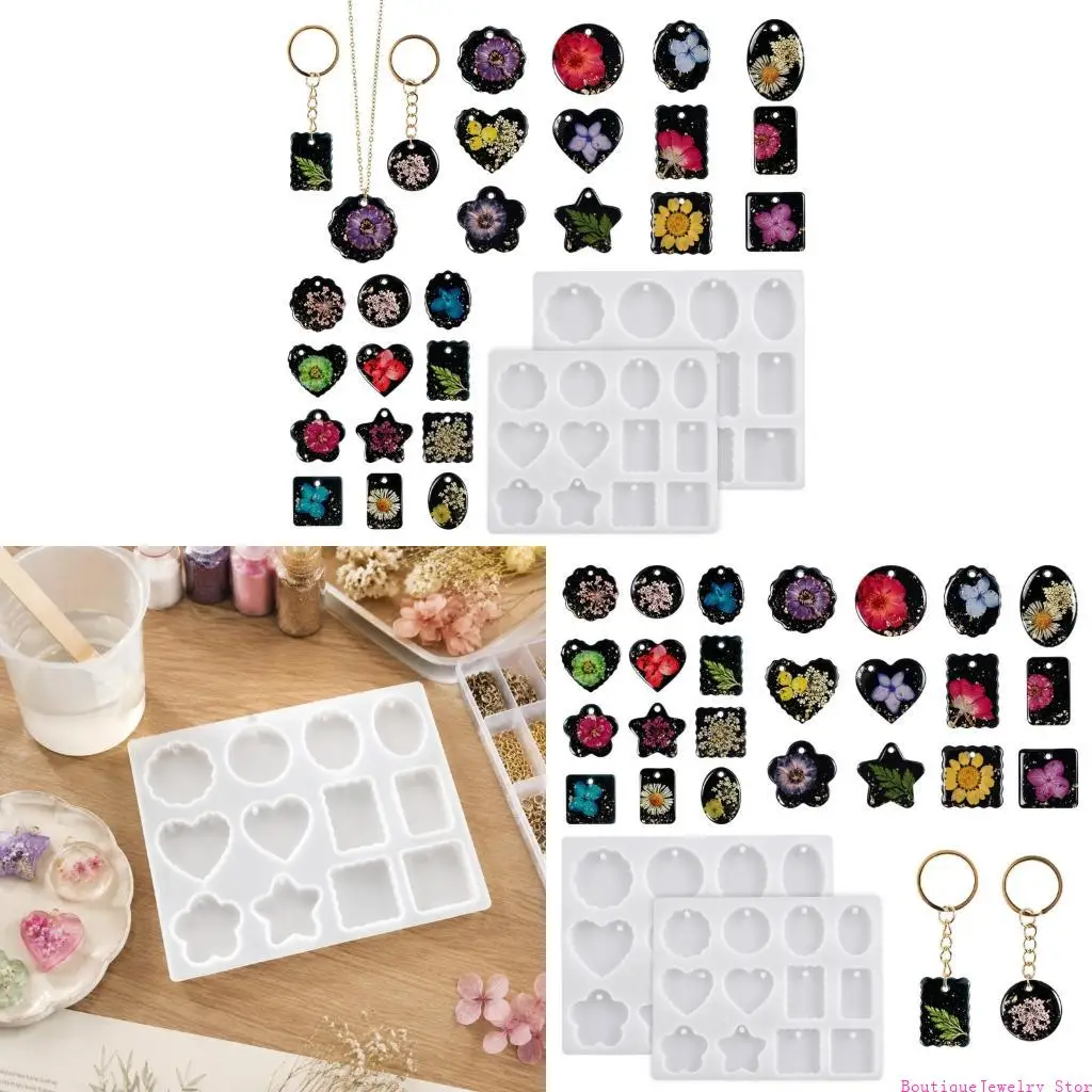E1PE Assorted Pendant Mold for Resin Jewelry Making with Round, Heart, Flower, Star, Oval, and Rectangular Cavities