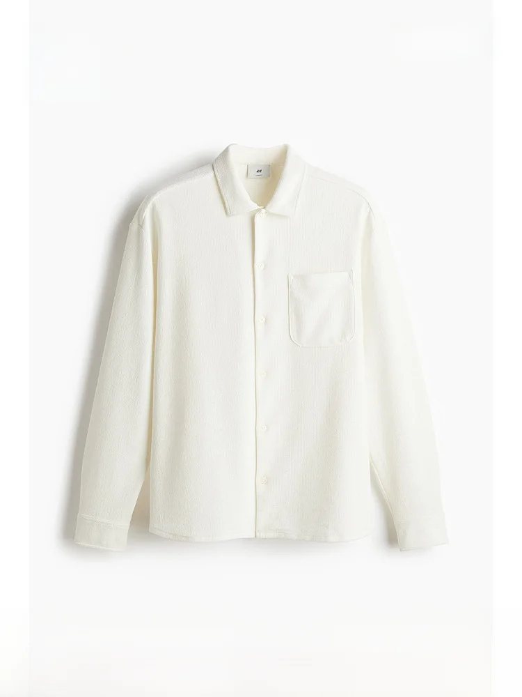 

H&M Men's Loose Fit Long Sleeve Shirt Textured Woven Collared Daily Wear Polyester Cotton Blend Regular Length Open Cardigan