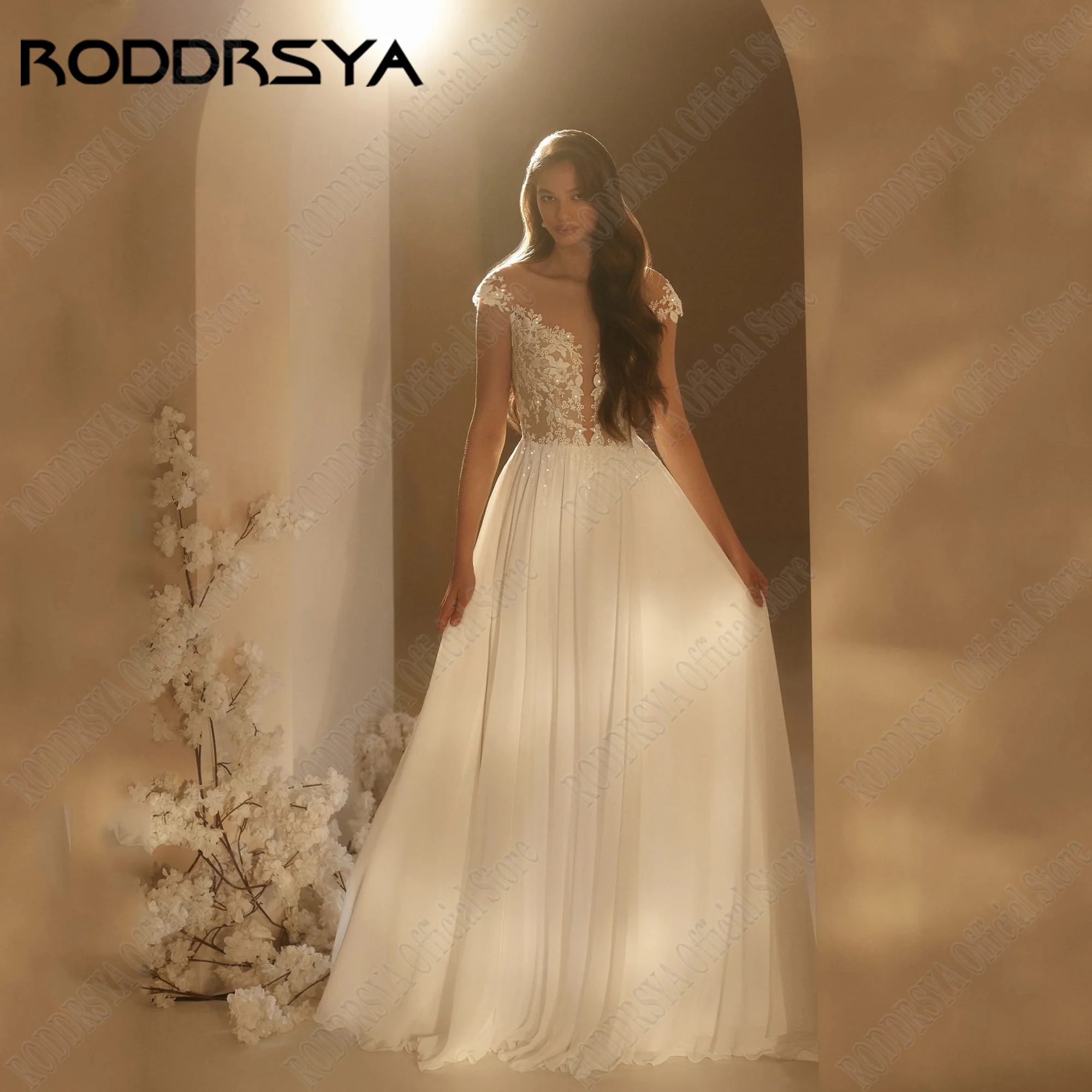 RODDRSYA-Robes de mariée en mousseline de soie avec mancherons, appliques dos nu, encolure dégagée, A-ligne, dentelle bohème, patients, quelle que soit la grande taille, mariée, 2024Roddrsya mousseline de soie cap manc