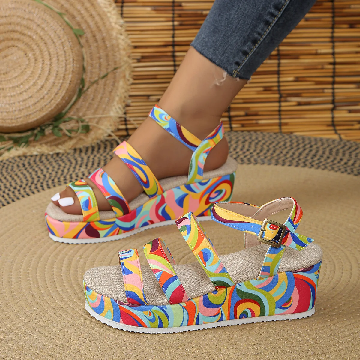 2024 European and American plus size high-top colored high-rise buckle sandals for women