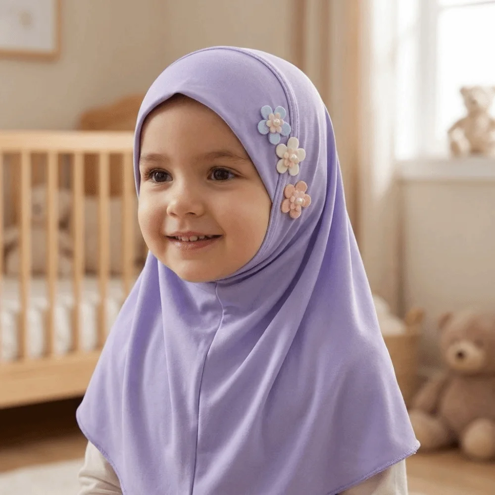 Soft Little Girls Pull-On Hijab with Floral Ornament Non-slip Crystal Linen Headscarf Stretch Breathable Head Cover Outdoor