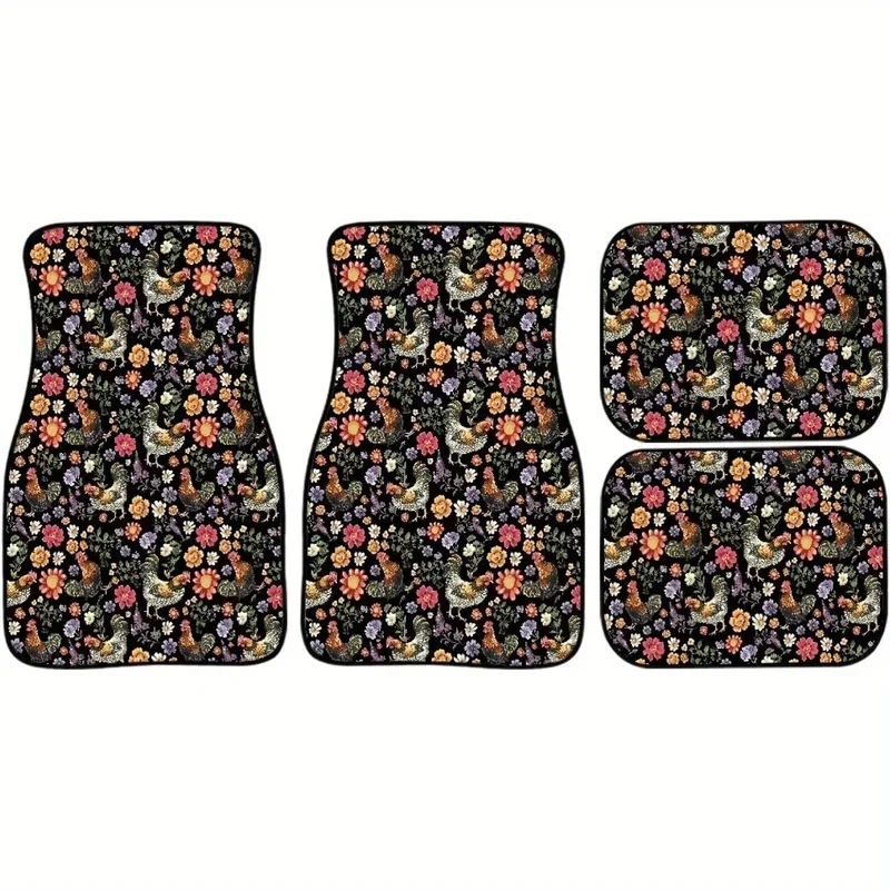 4pcs Waterproof Car Floor Mat Chicken Floral Print Durable Universal Fit Car Carpet Anti-Slip Floor Mats For SUV Vans Sedan Truc 3