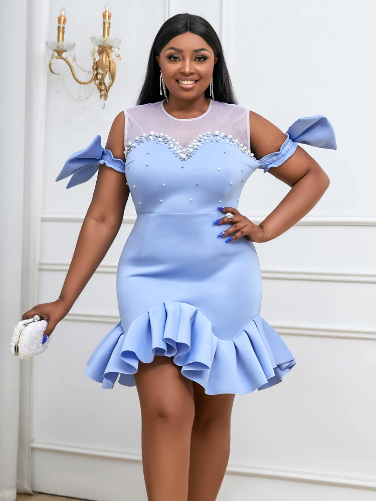 

Beading Ruffles Sexy Dress for Women Birthday Party Formal Elegant O Neck Tulle Patchwork See Through Stylish Fashion Vestidos