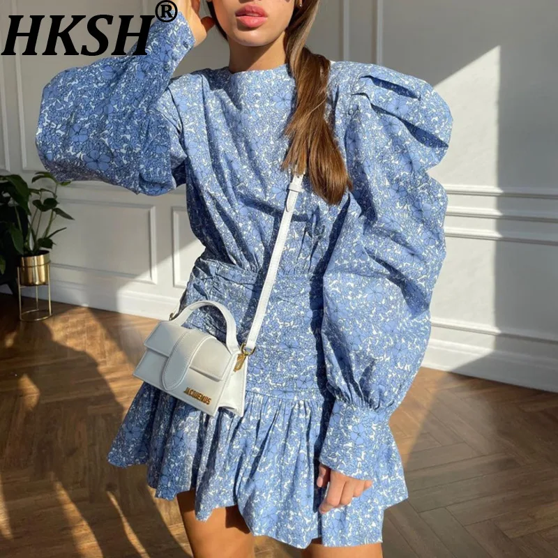 

Женское короткое платье HKSH с цветочным принтом, рукавами-фонариками, плиссированной талией, повседневное, для отпуска, новинка лета HK20967
