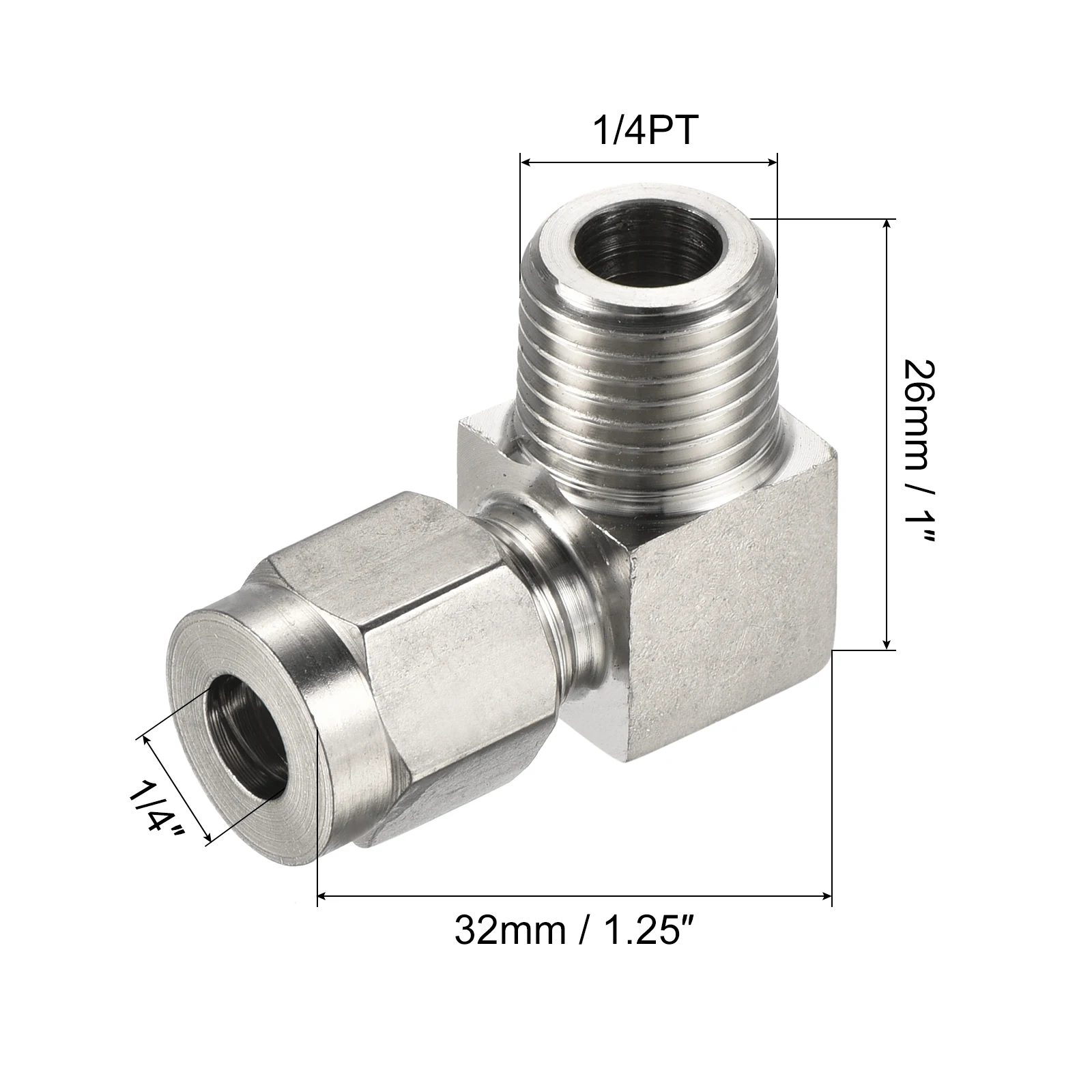 Compression Tube Fitting 304 Stainless Steel 1/4PT x 1/4" OD 90 Degree Coupling Adapter