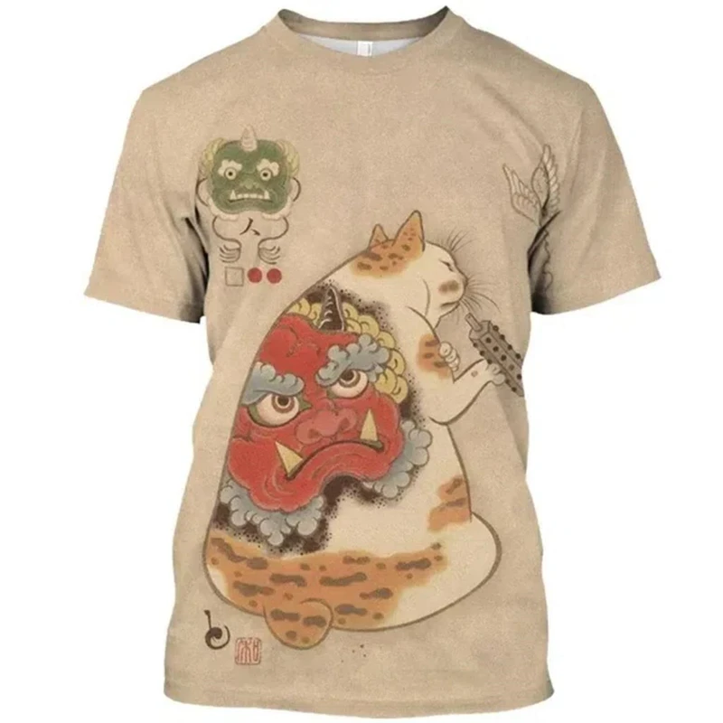

Футболка с принтом кота в японском стиле для мужчин, одежда в стиле Харадзюку, винтажная футболка с короткими рукавами, уличные повседневные футболки в стиле хип-хоп