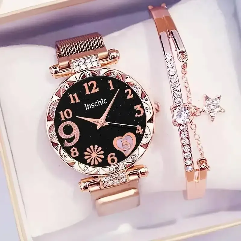 2PCS Fashion Women's Watches Set Magnet Buckle Mesh Strap Analog Quartz Watch Star Bracelet Set Reloj Mujer