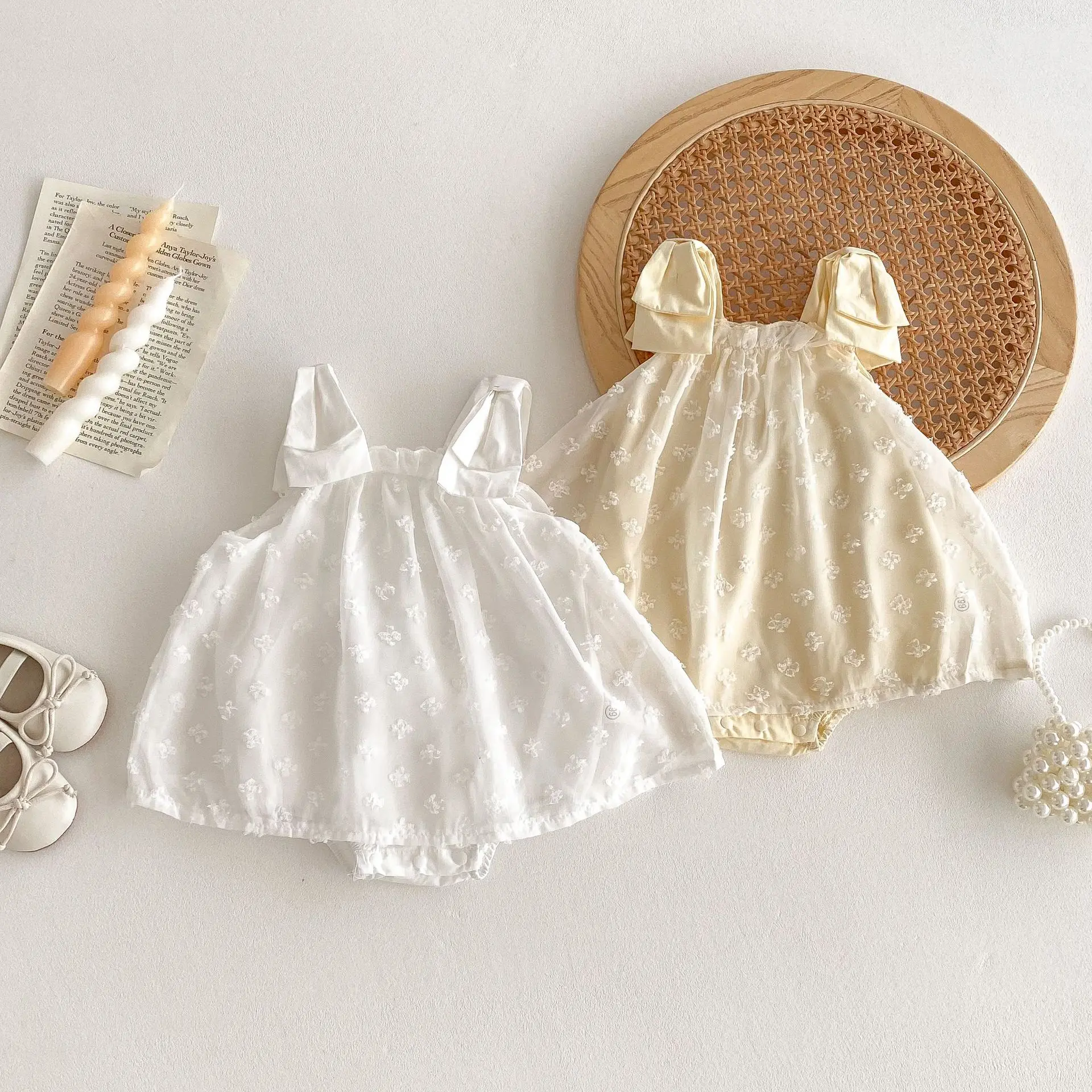 Baby Clothes Summer Cute Sweet Baby Girls Bodysuit Infant Jacquard Mesh Princess Dress Newborn Girls Bow Suspenders One Piece image 3