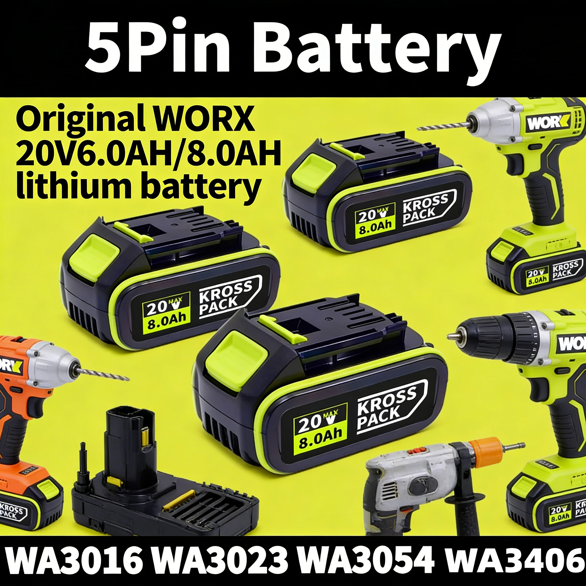

Premium 20V 6.0Ah 8.0Ah Battery 5pin For WORX WA3016 WA3023 WA3027 Li-ion Rechargeable For Dewalt Power Tools
