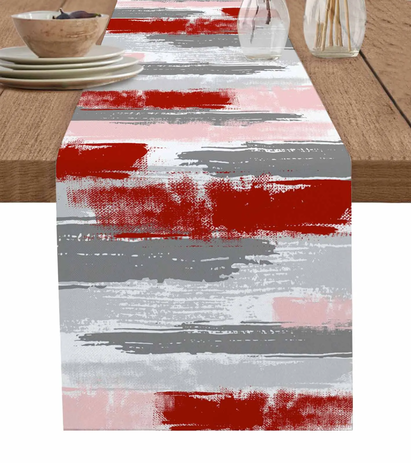 Geometric Lines Paint Brush Red Gray Table Runners For Dining Room Tablecloth 4/6 Pcs Placemats Table Cover